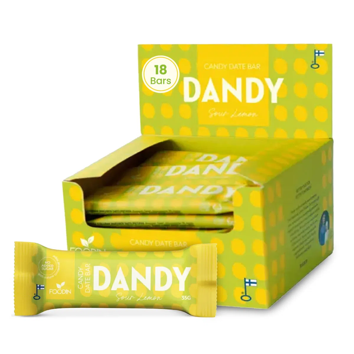 FOODIN Dandy Candy Barrita de Dátiles Sour Lemon – Vegana, Sin Azúcar Añadido y Sin Gluten – Snack Energético Natural – 18 × 35 g