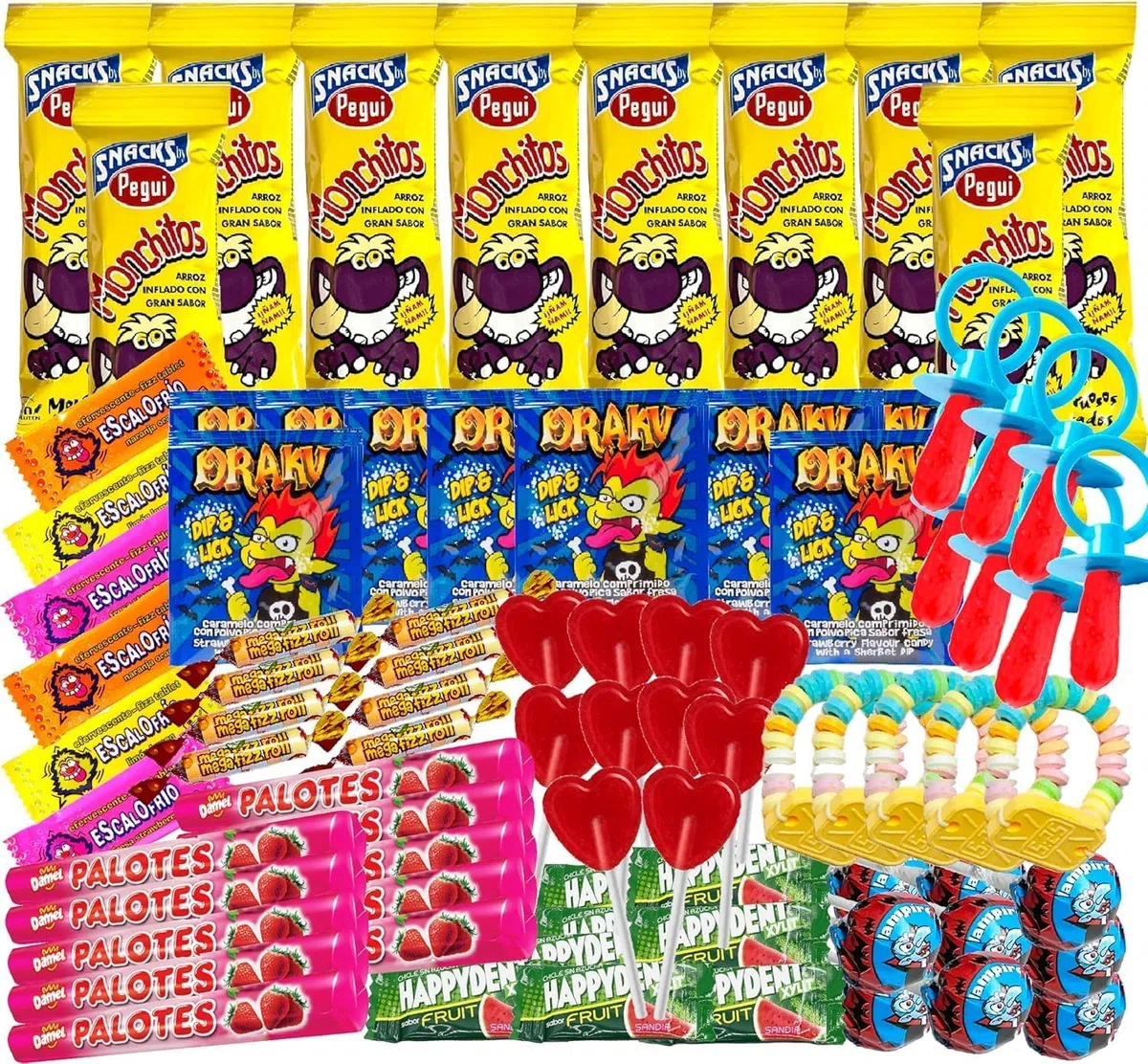 Super Pack Chuches de las Mejores Marcas Sin Gluten, Incluye Monchitos, Relojes, Palotes, Chupetes, Caramelos, Navidad, Cumpleaños y Fiestas de Niños. Relleno Piñata Regalo WikiMark (Caja de 100)