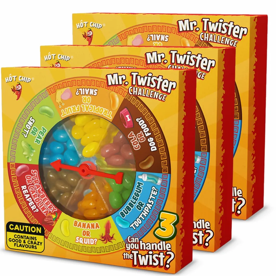 HOT-CHIP Mr. Twister Challenge Trio Pack – 3x 120g Ruleta de sabores con Jelly Beans dulces y locos – Divertido juego de fiesta con sabores sorpresa – Ideal para amigos y familia