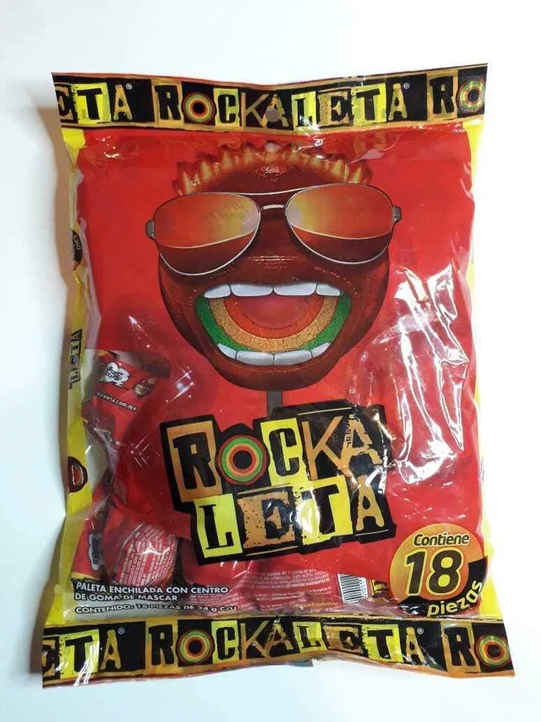Rockaleta Lollipop con chile 16,9 oz' Paletas Enchiladas con Centro de Goma de Mascar - Chupetines- Caramelos Duros Mexicanos - 18 Piezas - 432 Gramos Total