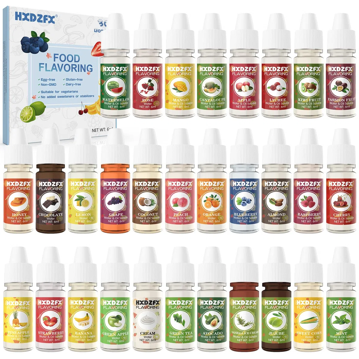 Aromas Alimentarios Líquido - 30 Sabores Concentrado Saborizante de Alimentos Usado para Hornear, tortas, postres, galletas, glaseado - Sin azúcar, sin calorías, vegano(6ml por botella)