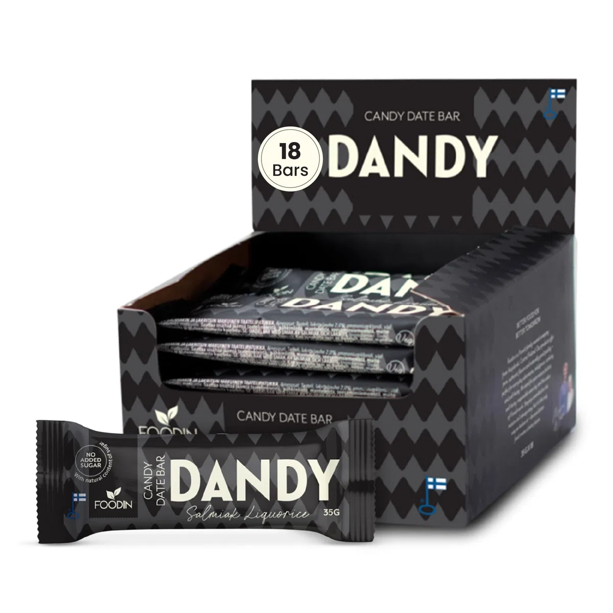 FOODIN Dandy Candy Barrita de Dátiles Salmiak Liquorice – Vegana, Sin Azúcar Añadido y Sin Gluten – Snack Energético Natural – 18 × 35 g