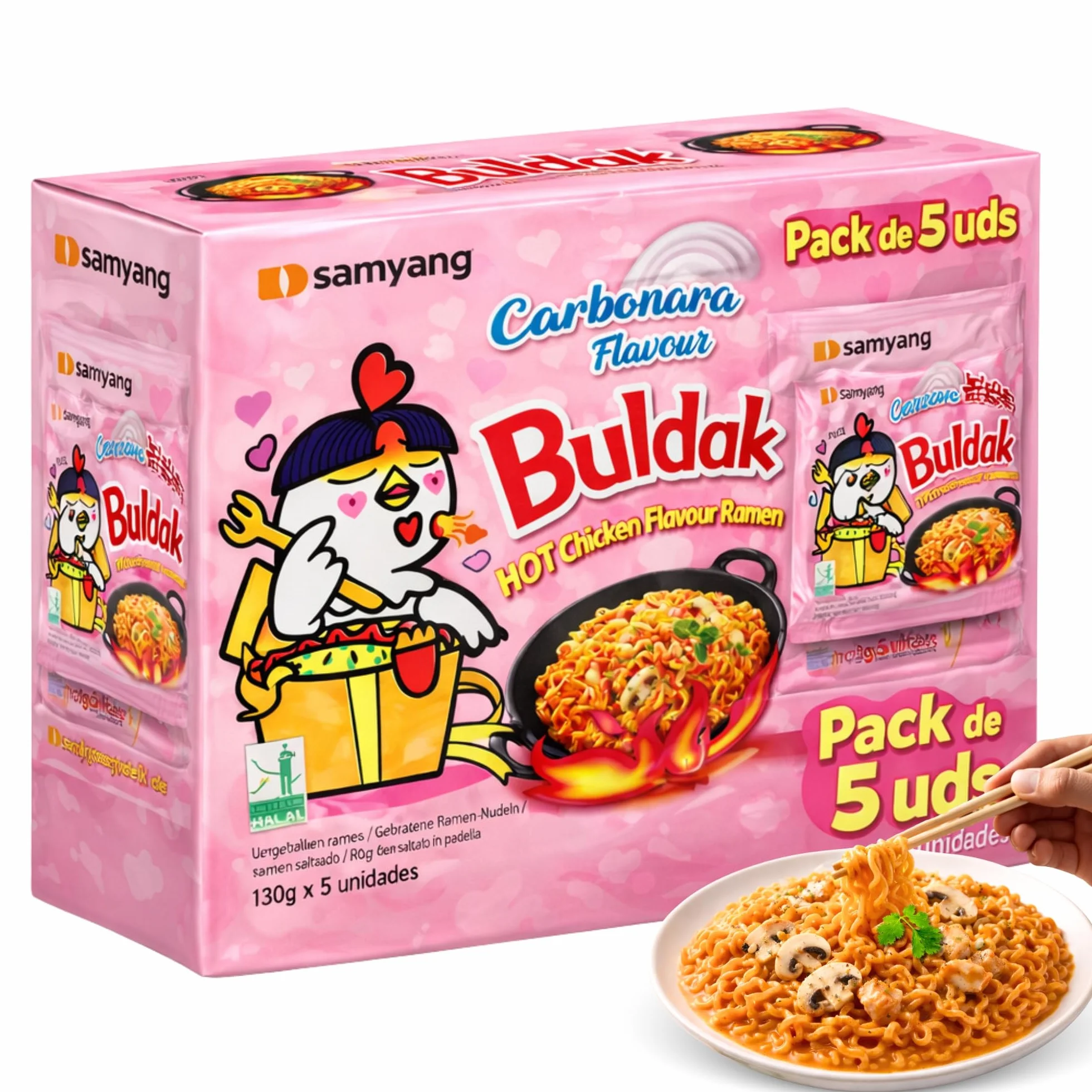 Ramen con fideos salteados con pollo picante Samyang Buldak, Hot Chicken Ramen Carbonara, Hot chicken ramen instantáneo muy rico y picante, Sabor a carbonara, Pack 5 paquetes de 130g cada uno