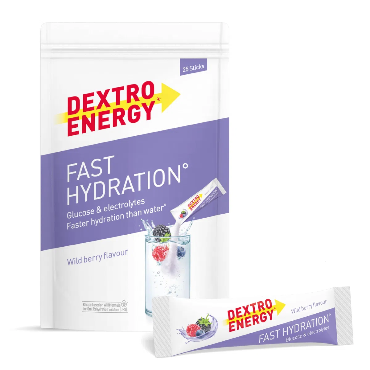 Dextro Energy Fast Hydration Wildberry - 25 Sticks - Sticks de polvo de electrolitos con zinc para una hidratación óptima en deporte y recuperación