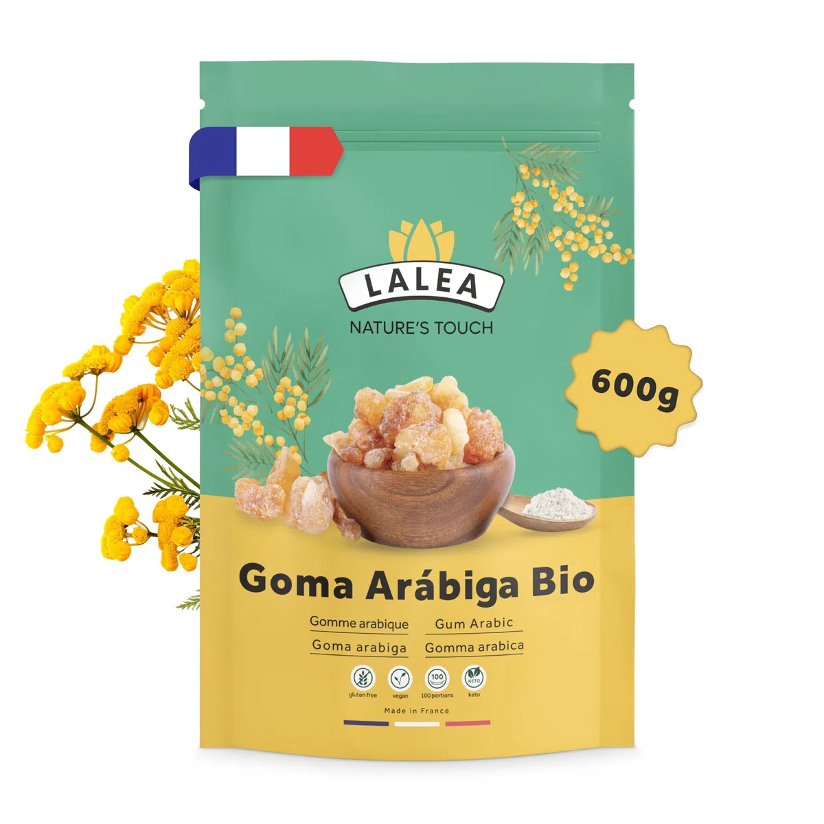 Goma arabiga orgánica en polvo, Goma de acacia bio en polvo fibra soluble 600g, Vegano y Keto, Sin gluten, 90% fibra alimentaria
