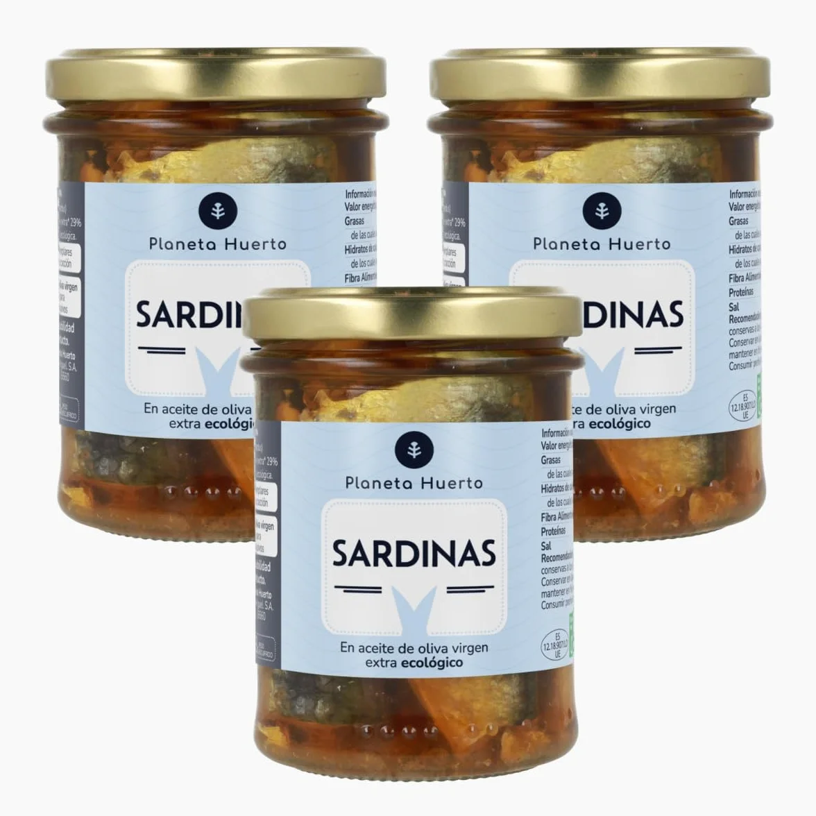 PLANETA HUERTO | Pack 3× Sardinas en Aceite de Oliva Virgen Extra Ecológico 190 g – Sardinas Conserva Saludable, Rica en Omega-3, Proteínas y con Ingredientes 100% Ecológicos