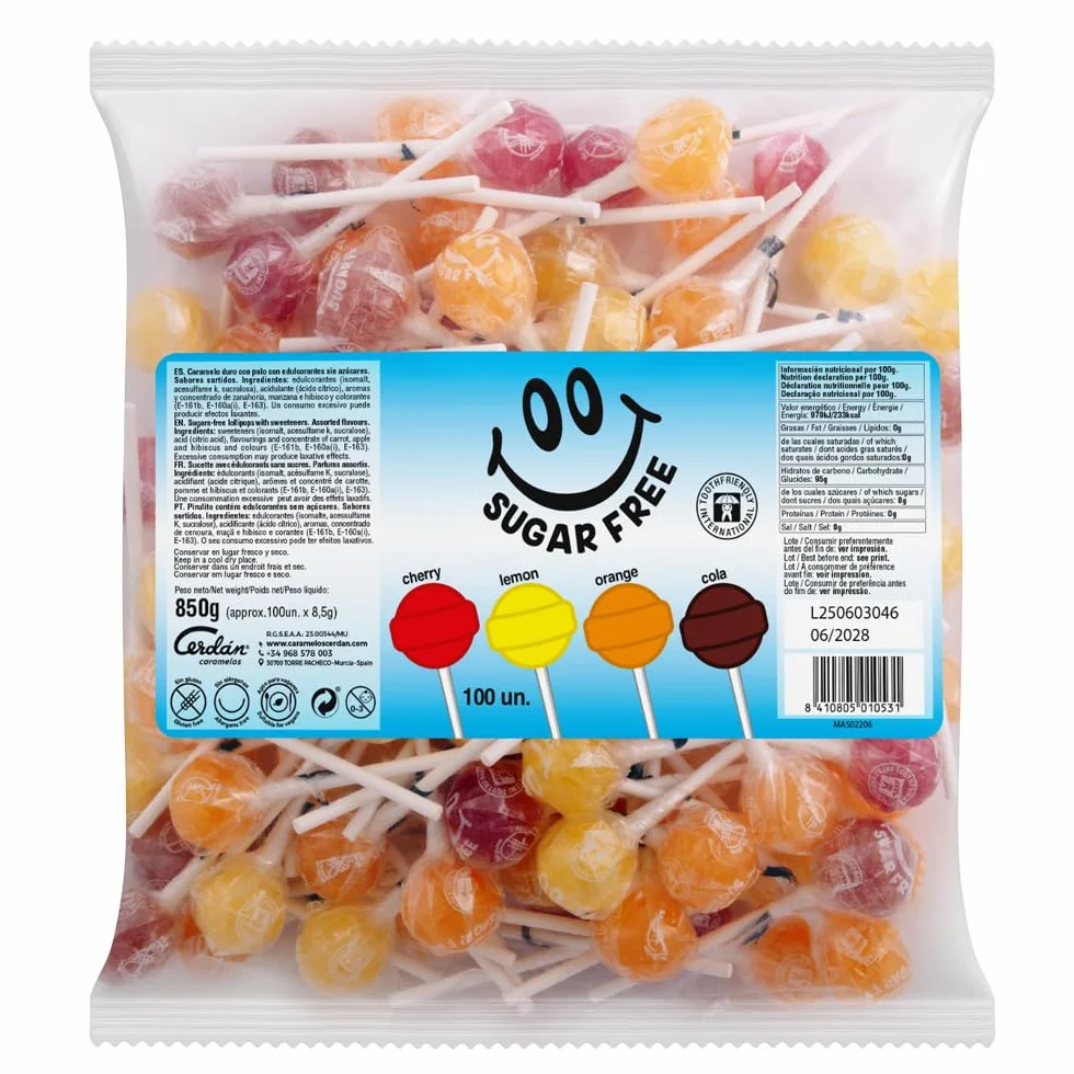 Caramelos Cerdán - Caramelo con Palo sin Azúcar Sabores Variados | Caramelo Redondo Macizo con Palo sin Gluten ni Alérgenos | Bolsa de 100 Unidades | Ideal para Fiestas, Eventos y Cumpleaños