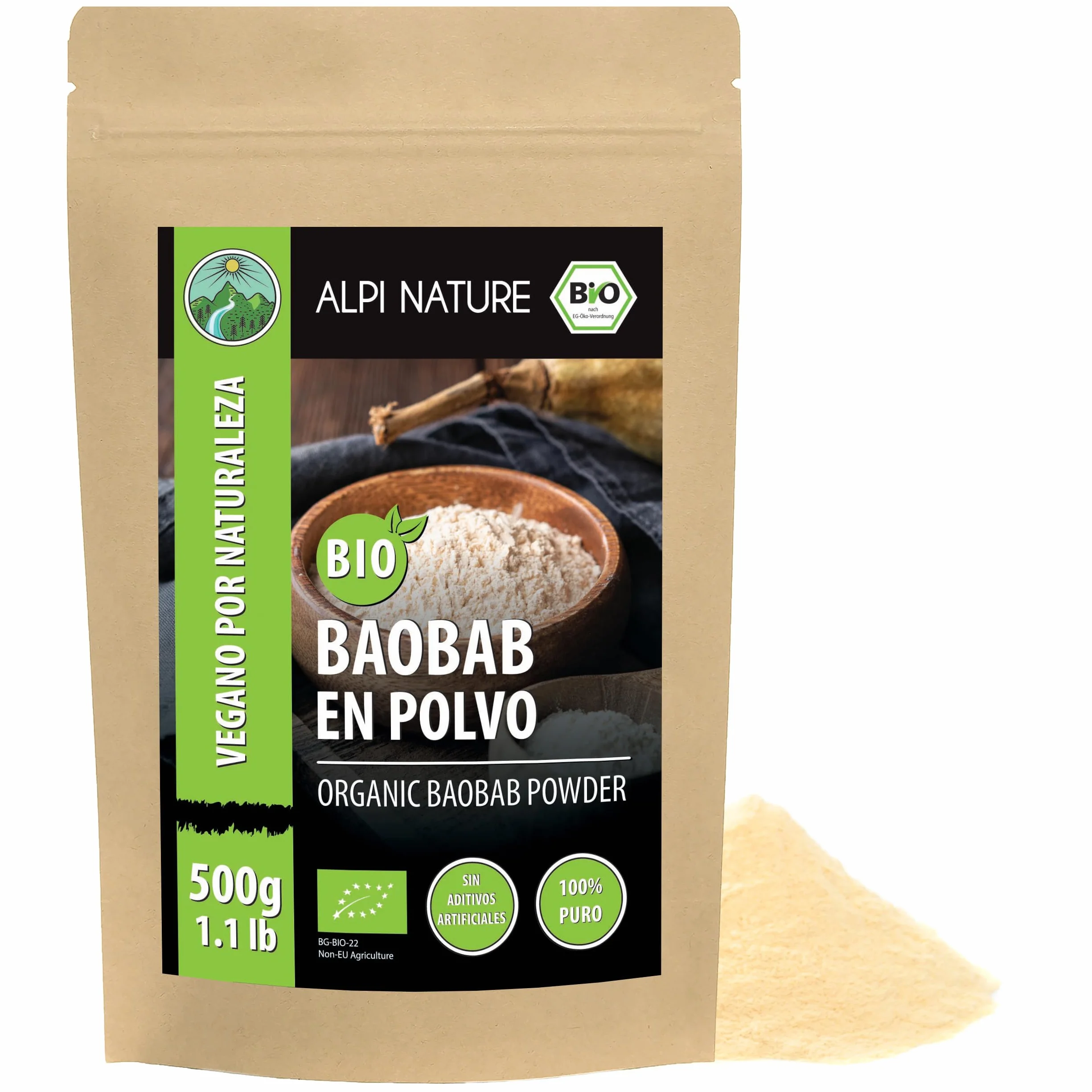 Alpi Nature Polvo de Baobab Orgánico 500g, Fruto de Baobab Deshidratado y Molido, sin Gluten