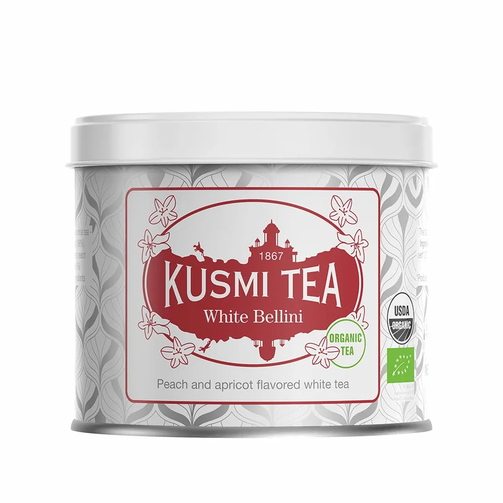 Kusmi Tea White Bellini Té Blanco Orgánico Melocotón Albaricoque Lata 90g 50 tazas