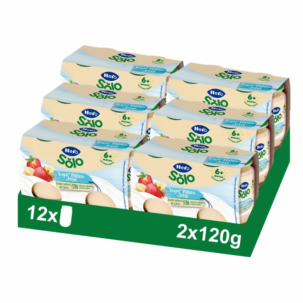 Hero Baby - Tarritos de Yogur, Plátano y Fresa, Fuente Natural de Calcio, Sin Azúcares Añadidos, Sin Aceite de Palma, Para Bebés a Partir de 6 Meses, 6 Packs de 2x120g