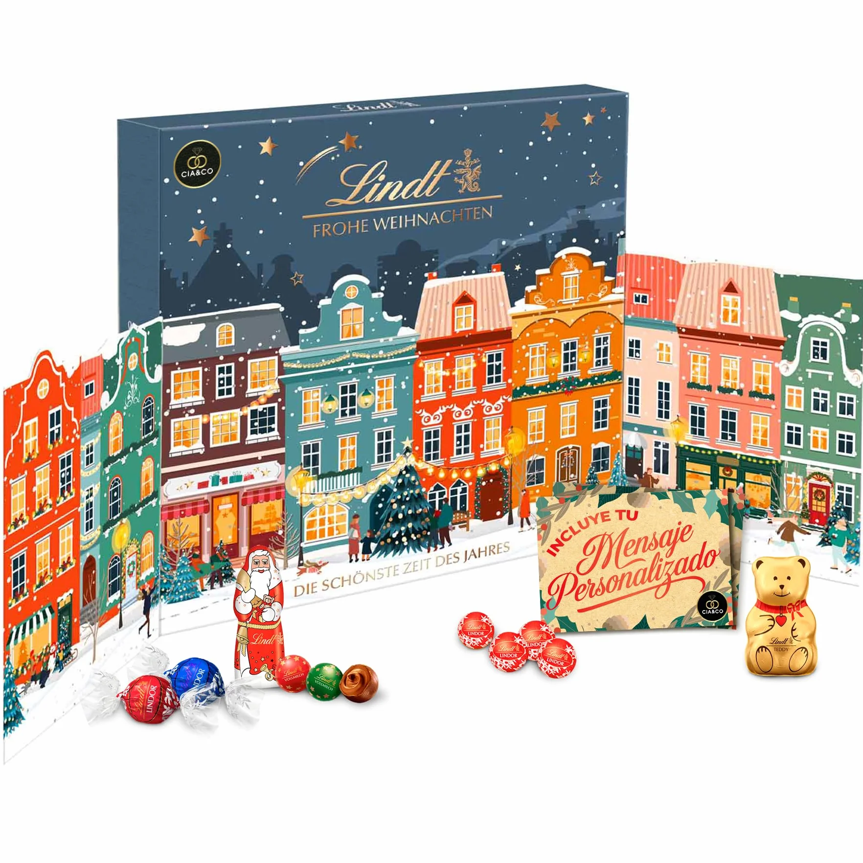 Calendario de Adviento LINDT Ciudad Navideña XXL 2025 · Formato Desplegable con Efectos Dorados · Bombones, y Figuras Lindor · Incluye Tarjeta Personalizada Cia&Co · Regalo Premium de Navidad 153 g