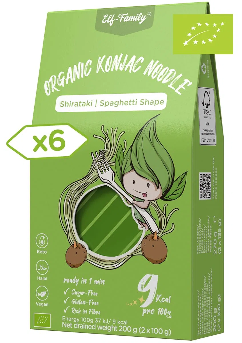 Elf-family Bio Pasta Konjac Keto Carbohidratos Ultrabajos/Vegano/Sin Gluten 270 g x 6 cajas(12 paquetes), Fideos Konjac Noodles Shirataki Noodles/Sin azúcar/Bajo en Calorías - Spaghetti