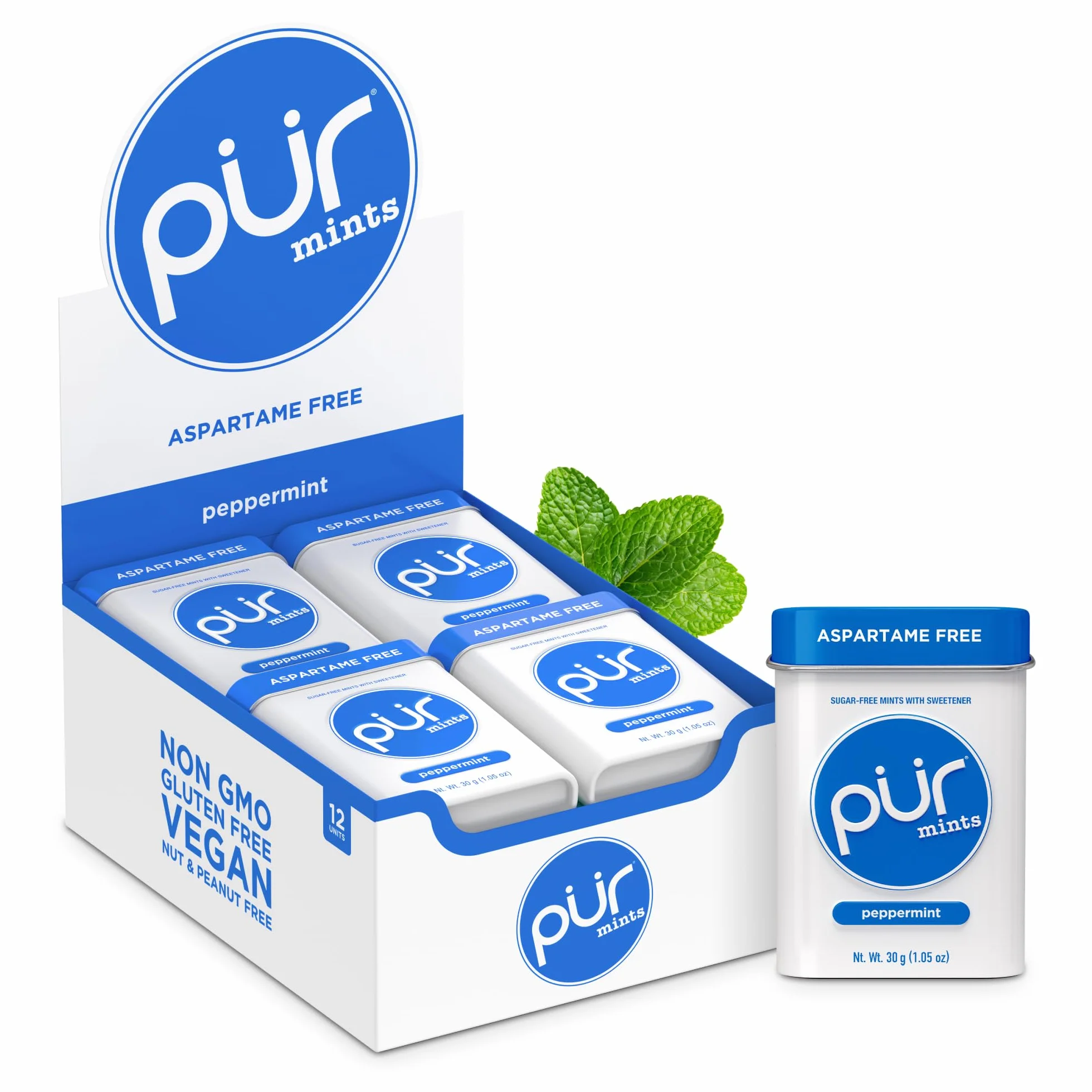 PUR, Mentas sin aspartamo, Hechas con xilitol, Sin azúcar, veganas, sin gluten y compatibles con la dieta cetogénica, Mentas con sabor natural a menta piperita, 30 unidades (paquete de 12)