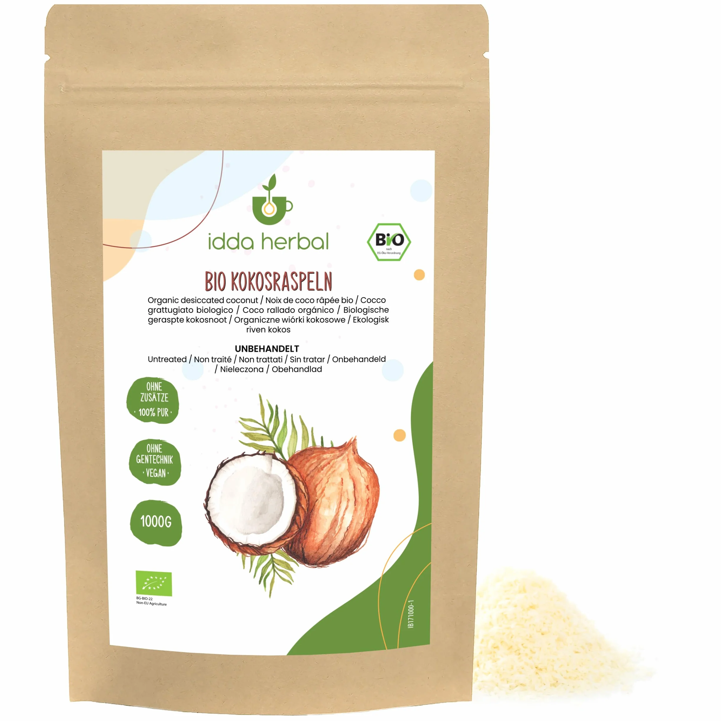 IDDA Herbal Coco Desecado Orgánico 1kg, Coco Crudo Rallado para Hornear y Cocinar