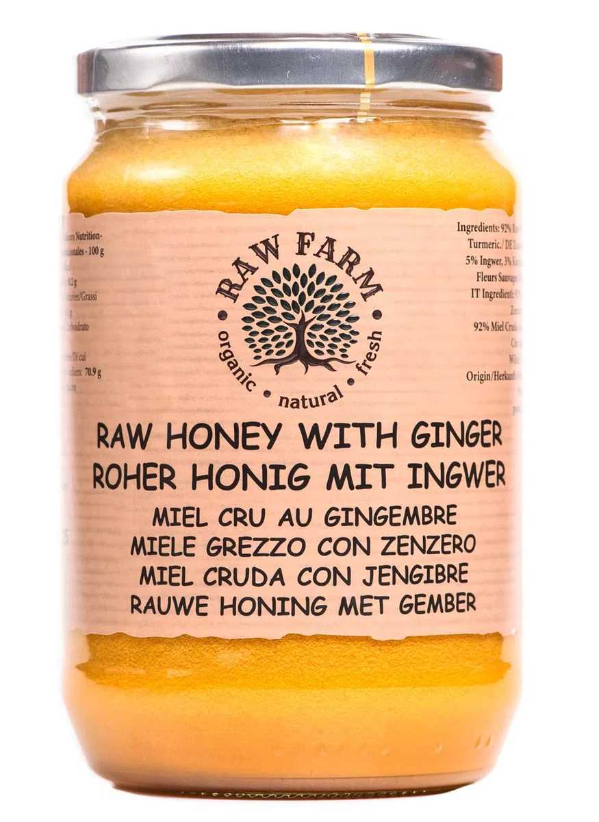 Raw Farm - Miel cruda con jengibre y cúrcuma - 900 g - sin filtrar, sin calentar, 100% natural, de una sola fuente