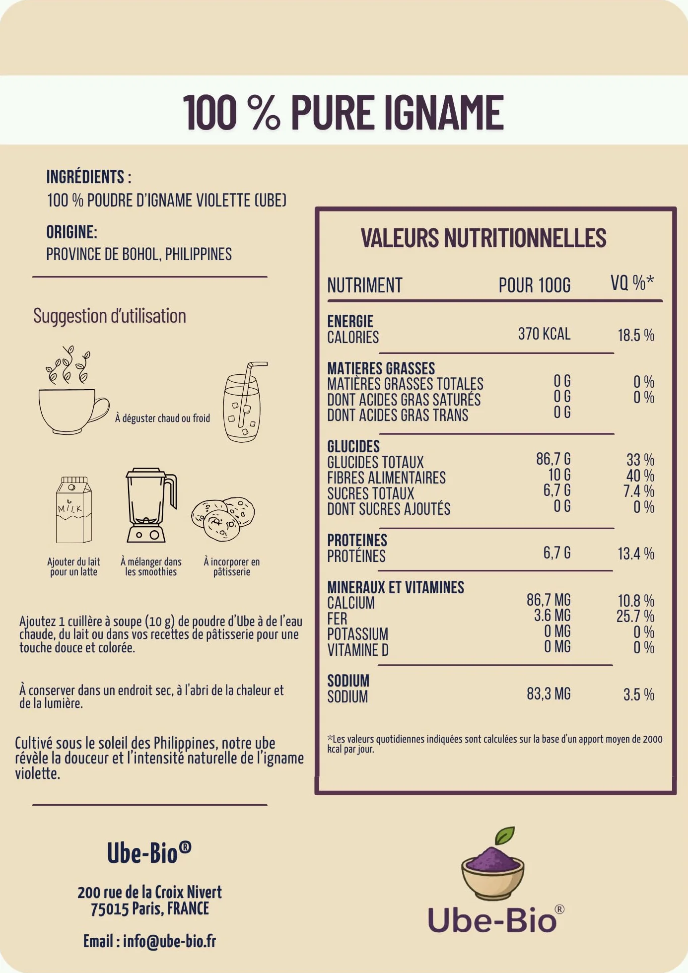 Polvo de Ube Bio 100g, Ñame Violeta Natural (Dioscorea Alata): Superalimento Vegano sin Gluten
