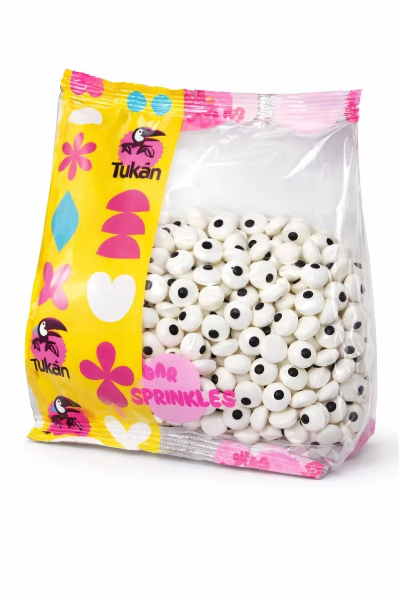 TUKÁN-Sprinkles Decorativos Halloween 450 g- Topping ojos para Tartas, Cupcakes, GalletAs y Postres- Confeti de Azúcar en Bolsa Grande. (Ojos Halloween blanco/Negro)