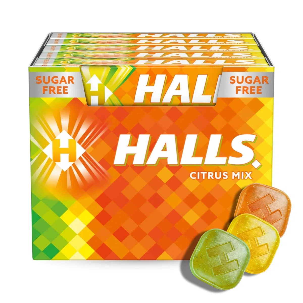 Caramelos Halls Citrus Mix, Caramelo con sabor a Citrus Mix, Caramelo sin azucar, el Halls de toda la vida, sabor intenso y delicioso, Sin gluten, Contiene 1 caja con 20 paquetes de caramelos de 32 g
