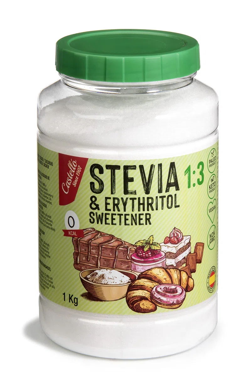 Castello since 1907 Stevia (Estevia) + Eritritol 1:3 1 kg | 1g = 3g azúcar | Sustituto del Azúcar con sabor 100% Natural - 0 Calorías - 0 Índice Glucémico - Keto y Paleo - 0 Carbohidratos