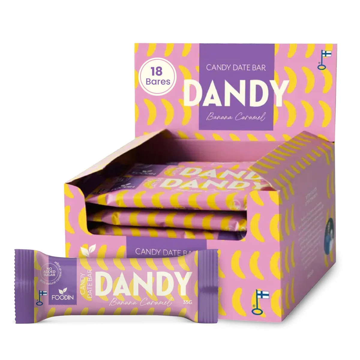 FOODIN Dandy Candy Barrita de Dátiles Banana Caramel – Vegana, Sin Azúcar Añadido y Sin Gluten – Snack Energético Natural – 18 × 35 g
