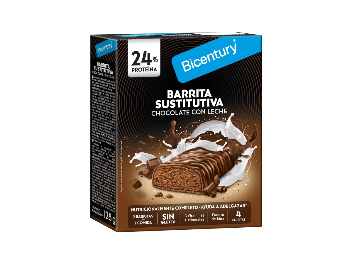 Bicentury Barrita Sustitutiva sabor Chocolate con leche. con 13 Vitaminas y 11 Minerales. Sustituye una comida. 4 barritas. 128g.
