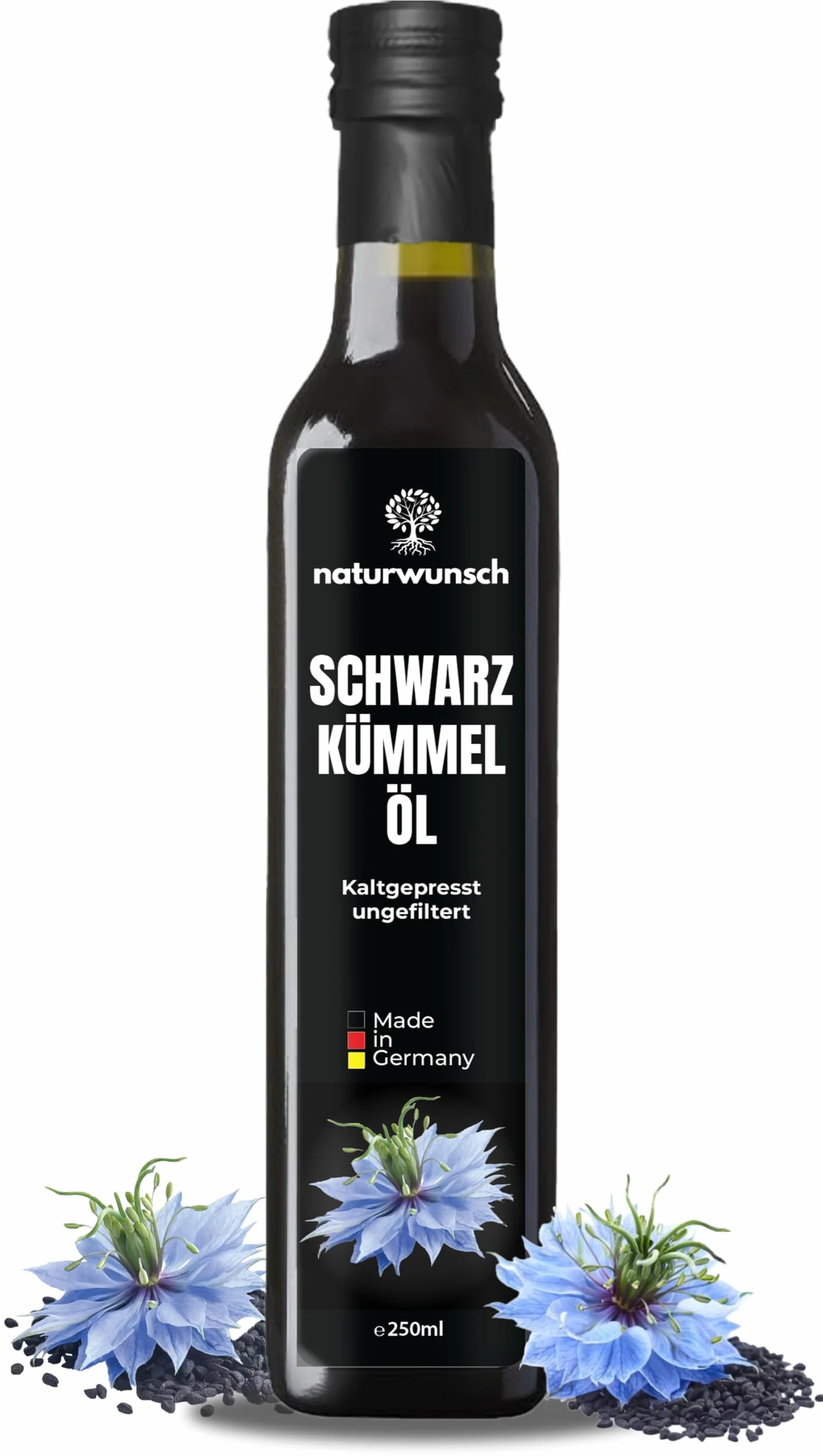 naturwunsch Aceite de comino negro, 250 ml, sin filtrar, prensado en frío, fresco de Alemania, aceite de nigella sativa 100% puro