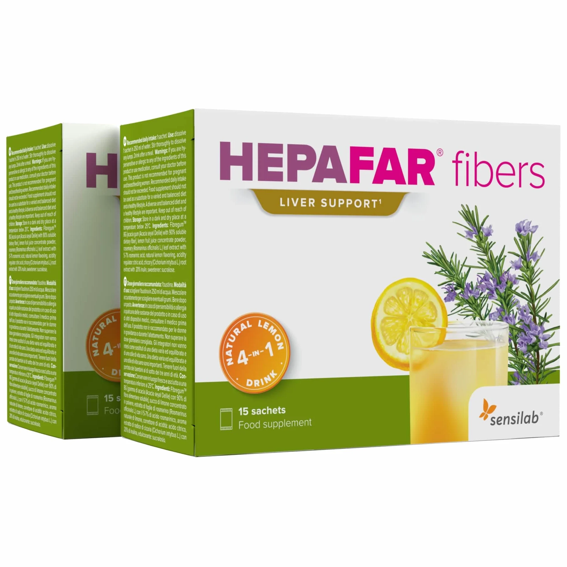 Sensilab Hepafar Fibers - Detox y Digestión - Zumo de Limón, Fibra Soluble, Achicoria, Romero - Bebida Refrescante Natural Alta en Fibra - Complejo Hepático - 30 Sobres para 30 Días