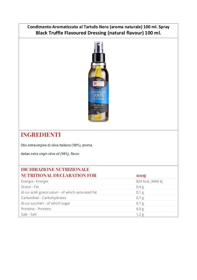 Condimento aromatizado a trufa negra, aroma natural 100 ml spray