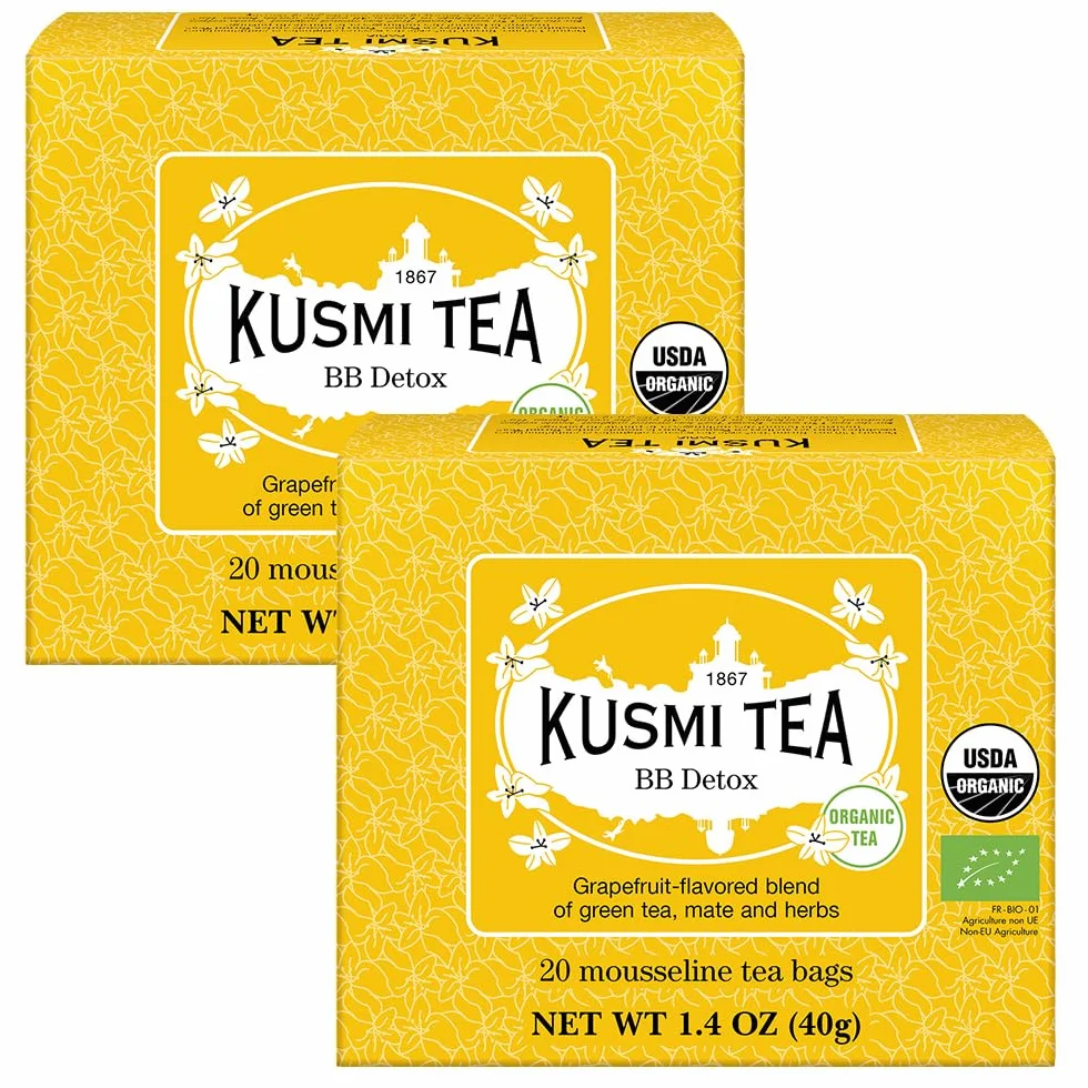 Kusmi Tea - BB Detox - Té 100% Orgánico - Mezcla de Verde y Mate Con Sabor a Pomelo - Disfrutar Caliente o Con Hielo - Juego de 2 Cajas - 2x20 Bolsas