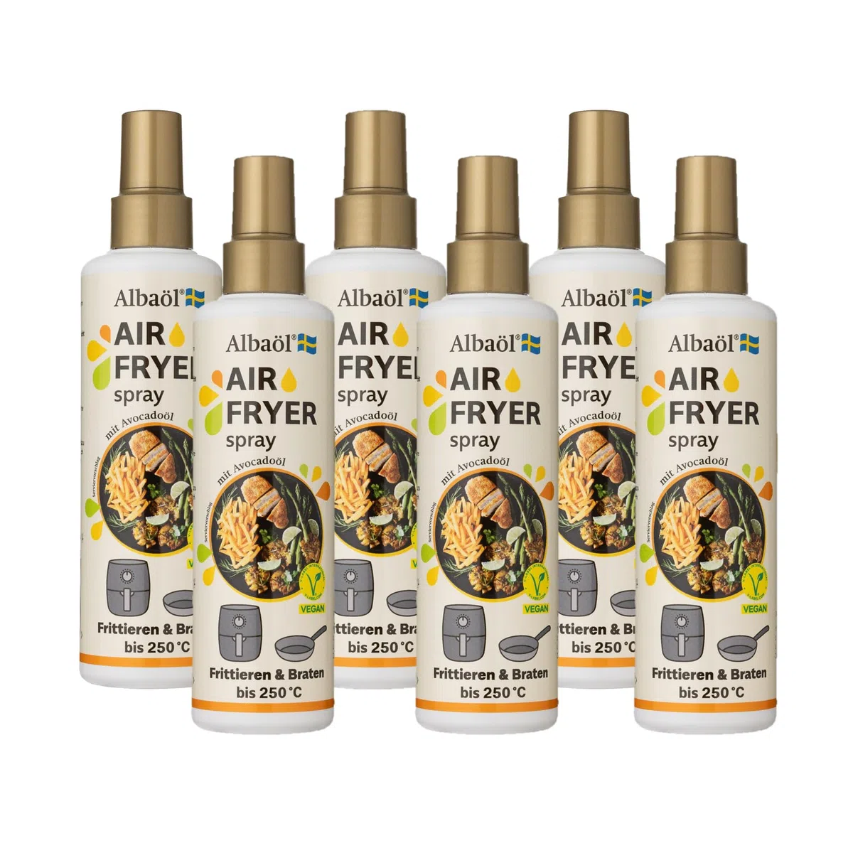 Albaöl - Air Fryer Spray, 6 botellas de 190 ml I Adecuado para todas las freidoras de aire caliente y otras necesidades de cocción a temperaturas de hasta 250 °C