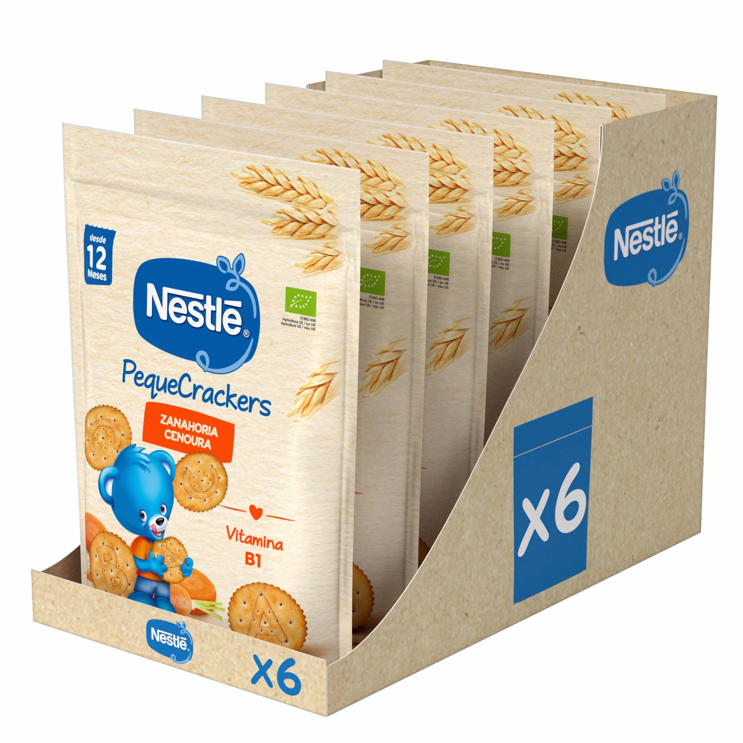 NESTLÉ PequeCrackers Zanahoria, para bebés desde 12 meses, 6 bolsas de 100g