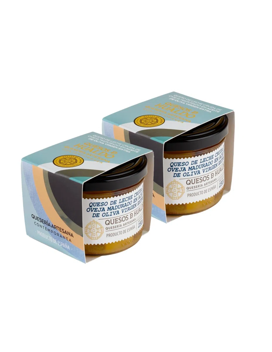 Quesos de Hualdo. Queso de oveja en aceite de oliva virgen extra. Pack de 2 botes de 230 gr cada uno