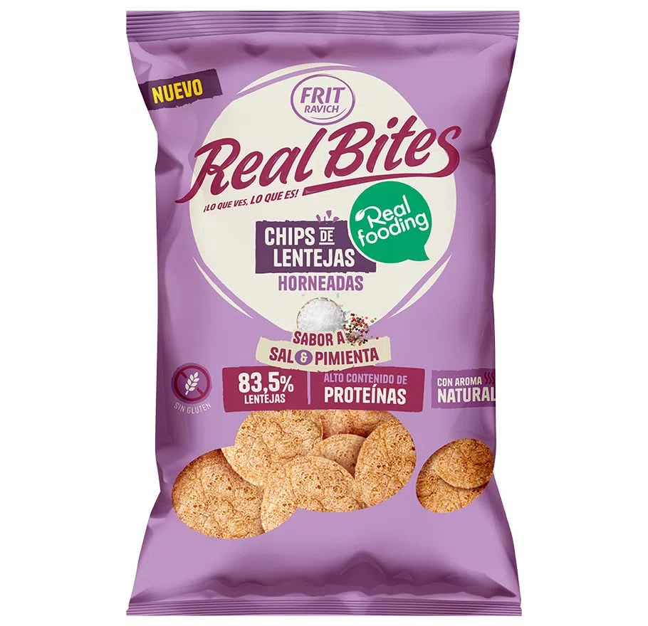 Chips de Lenteja RealFooding - 1 unidad - Sabor: Sal y Pimienta. 6 Bolsas x 80 gramos. Chips de Lenteja al 86% Horneados - RealBites - Sin Gluten