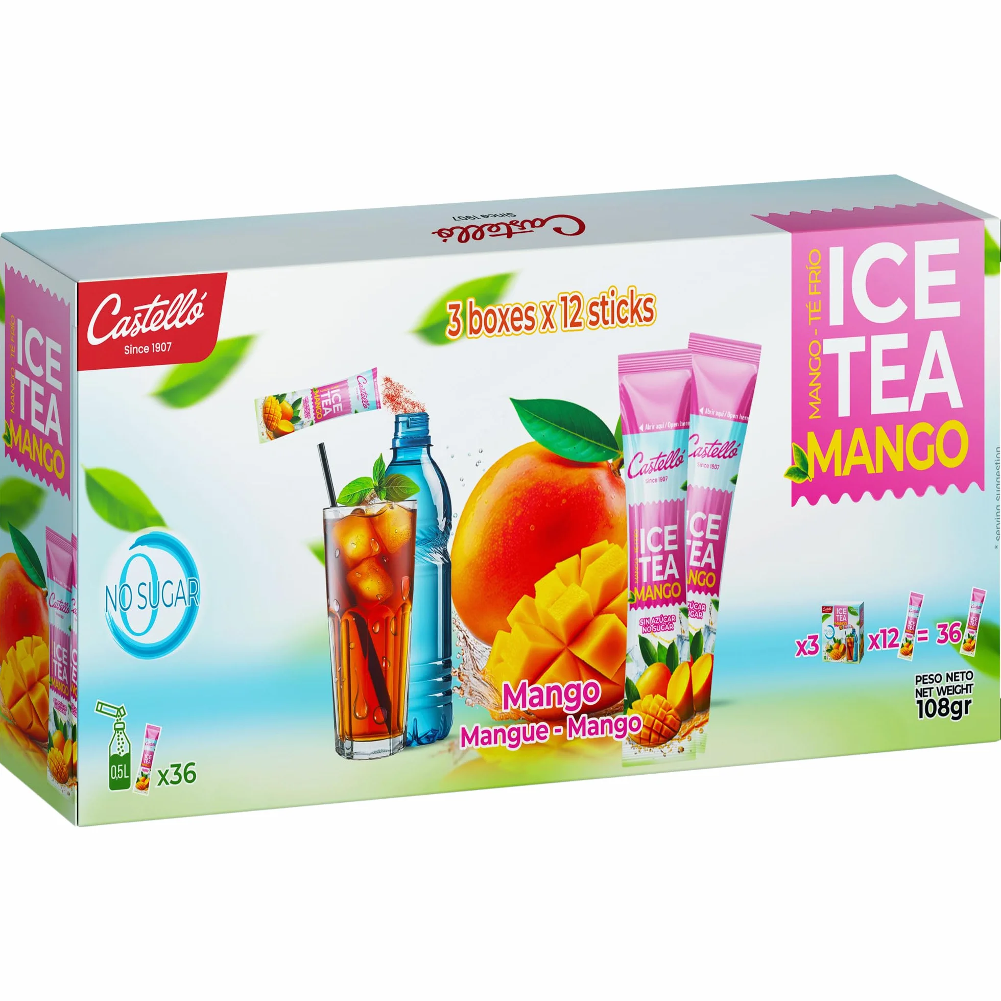 Castello Té Frío Zero Instantáneo Mango 3x12 Sobres 0 Calorías 0 Azúcar