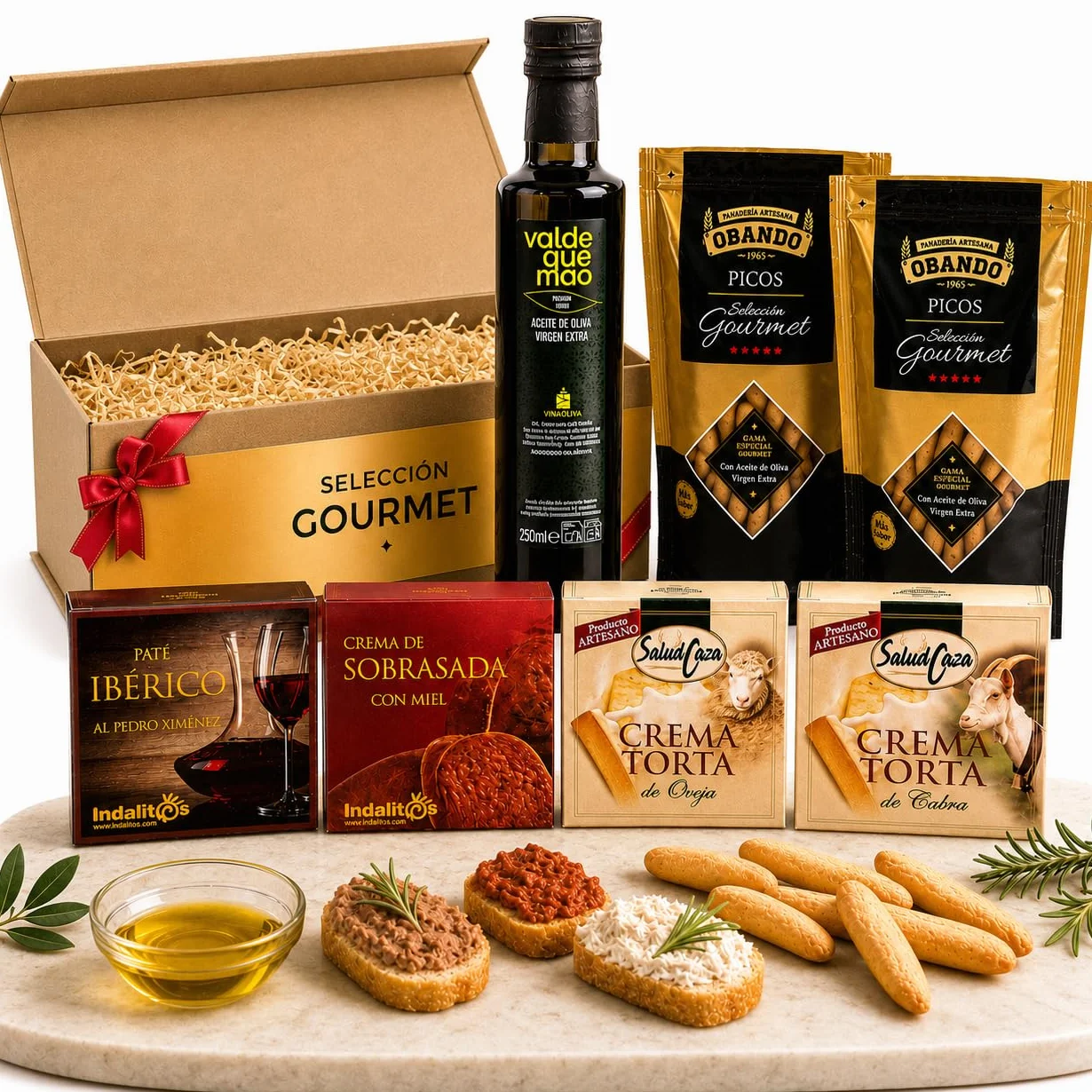 Cesta Gourmet para Regalar ACROL, Aceite oliva virgen extra 250 ml, cremas torta Oveja y Cabra, paté iberico, sobrasada con miel y picos artesanos, regalo cumpleaños mujer, regalos para hombres