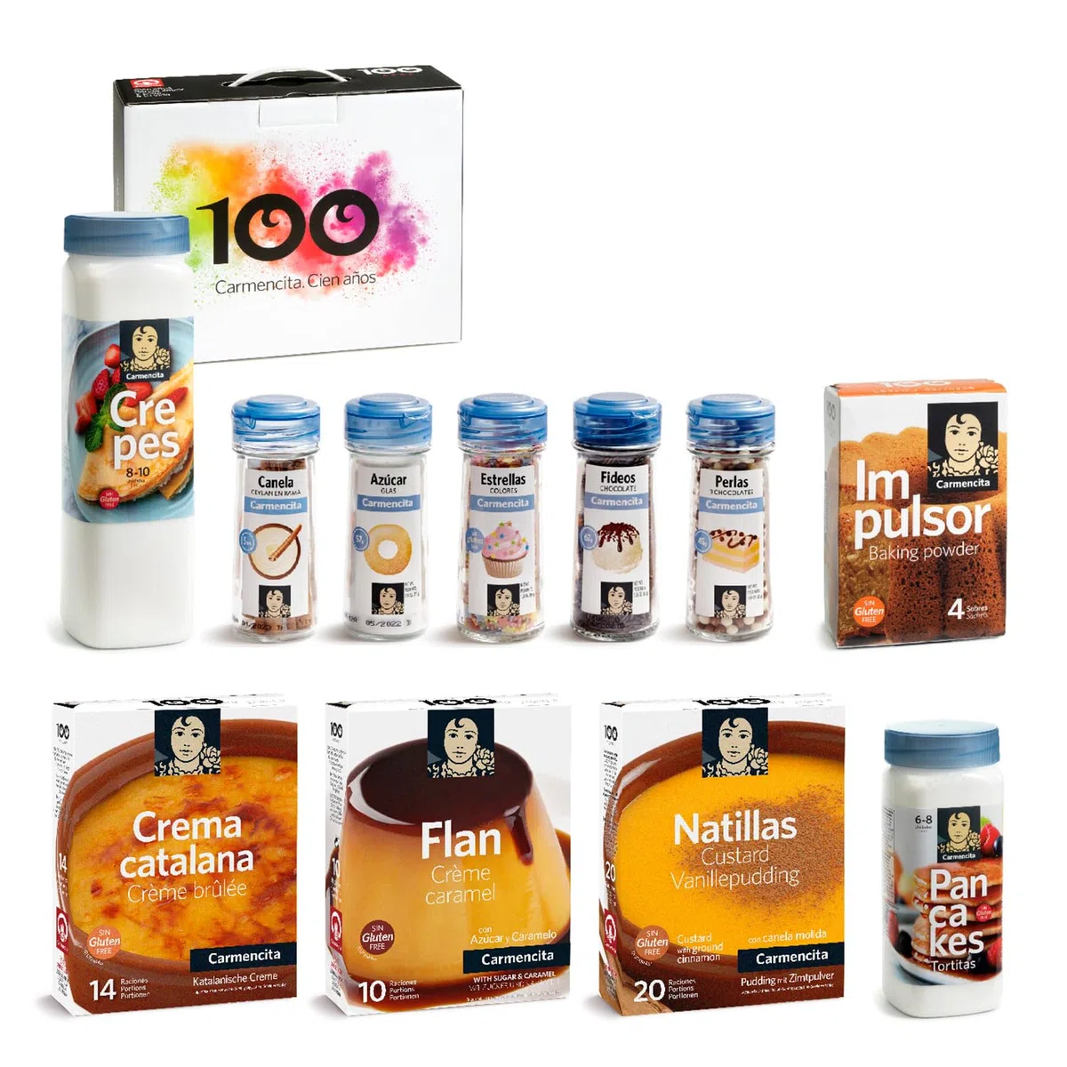 CARMENCITA - Pack Postres preparado para Tortitas, Crepes, Flan con azúcar, Natillas, Crema Catalana, Canela, Azúcar Glass, Impulsor, Fideos chocolate, Estrellitas y Perlas para Tartas | 11 unidades