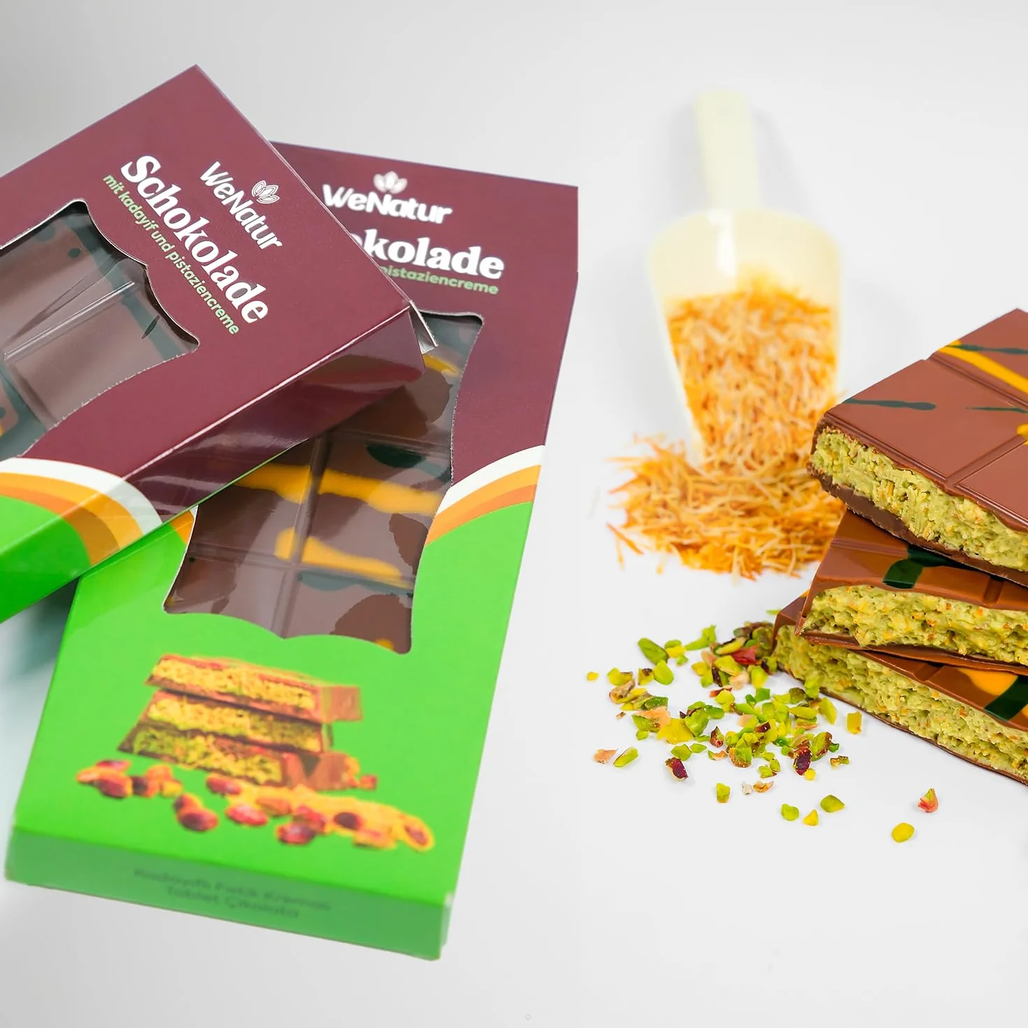 WeNatur Chocolate de Dubái con pistacho, 200 g de crema de pistacho, con dulces con hilos de masa kadaif y pistacho. Chocolate de Dubái para fuentes de chocolate, dulces originales