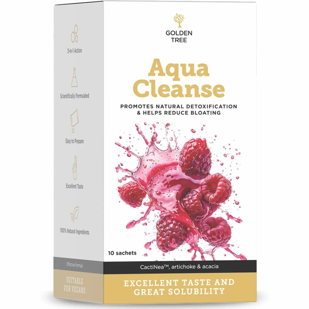Golden Tree Aqua Cleanse – Polvo para Bebida Vegetal con Extracto de Alcachofa, Cola de Caballo y Extracto de Raíz de Diente de León con 11% de Inulina – 10 Sobres (54 g (Paquete de 1))