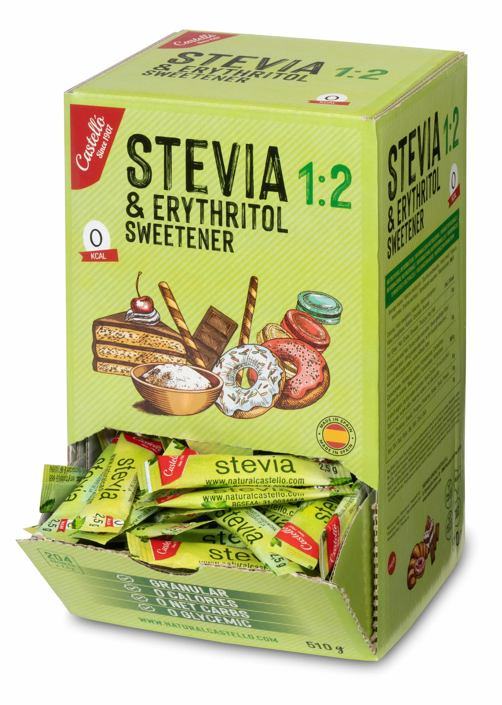 Castello since 1907 Stevia & Eritritol - 204 Sobres de 2,5 g | Sustituto del Azúcar con sabor 100% Natural - Keto y Paleo - 0 Carbohidratos - 0 calorías, 0 índice glucémico, ceto y paleo